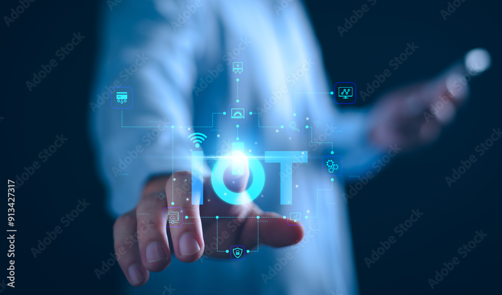 Canvas Prints iot, internet of thing concept, business man touching iot internet of thing icon on virtual screen, 