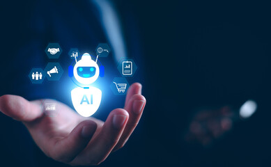 Business IoT AI automation concept, business man with virtual AI automation connect internet of thing, IoT for business in the future, technology AI automation