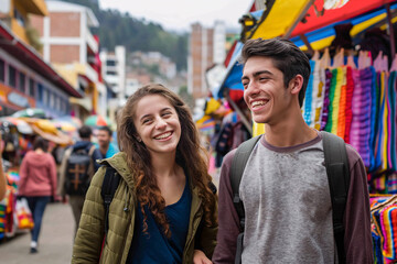 Fototapeta premium A young couple exploring a vibrant city street market
