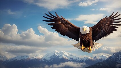 a bald eagle with its wings spread wide, flying in a bright blue sky 
