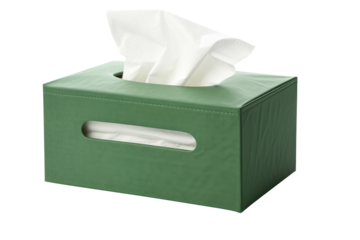 A green tissue box with white tissue paper isolated on transparent white background, clipping path