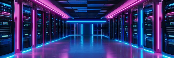 data center server room with neon lighting for web banner