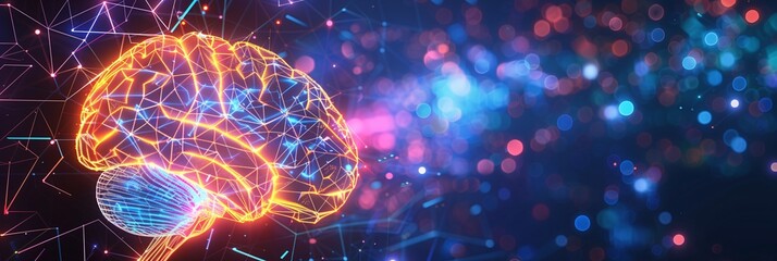 Fototapeta premium glow polygon brain on digital background with copy space for web banner