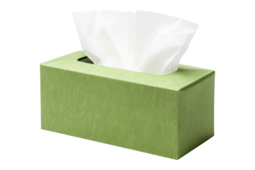 A green tissue box with white tissue paper isolated on transparent white background, clipping path