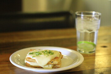 lemon cream and sparkling water puff pastry with a slice of lemon 