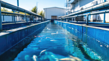 Obraz premium Fish farm with blue water, lots of rectangular aquarium tanks and areas for fish culture, industrial building complex in the background,