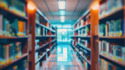 Blurred Bookshelf Perspective in a Library