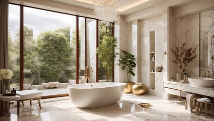 Fototapeta premium a luxurious bathroom with a white bathtub