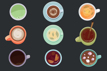 Set of mugs with hot drinks from above. Tea, cocoa, coffee, mulled wine, matcha. Autumn and winter hot drinks. Vector illustration