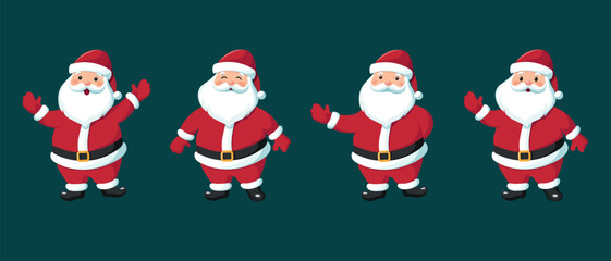 Set of cute funny Santa Claus in different poses, emotions. Merry Christmas and happy new year greeting poster. Vector illustration.