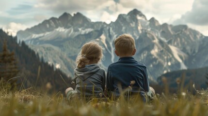 Fototapeta premium Two children sit on a hilltop overlooking a mountain range. AI.