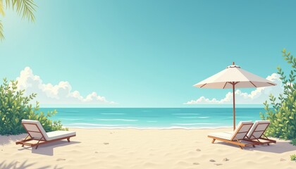 Fototapeta premium Relaxing Beach Scene with Loungers and Umbrella.