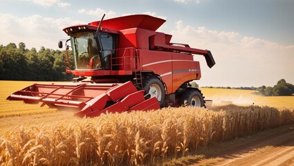 Obraz premium A large red combine harvester is driving a field of wheat, harvesting the grain.