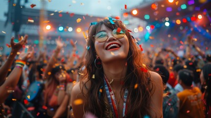 Woman Laughing at Pride Concert. Woman in colorful attire and glasses laughs joyfully at a Pride concert, with confetti and a lively crowd in the background.