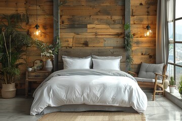 Chic loft bedroom with double bed, armchair, and wooden wall, ideal for relaxation and rejuvenation