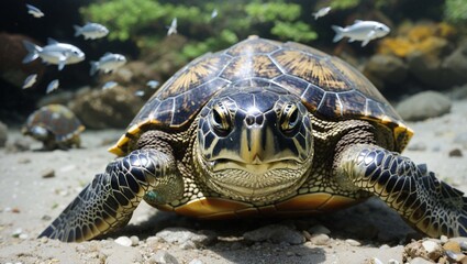 Naklejka premium a turtle with a brown, black, and yellow shell swimming underwater.