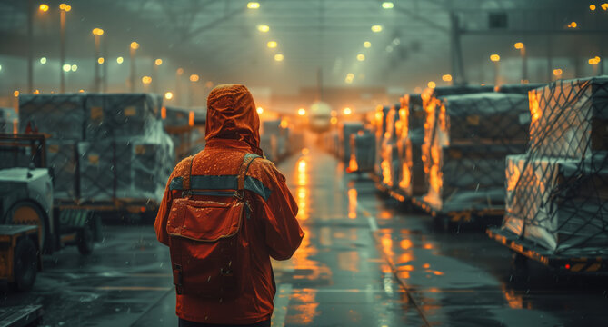 Worker Overseeing Cargo at Airplane Hangar. Worker in an orange jacket oversees cargo pallets in an airplane hangar, preparing for shipment under industrial lighting.