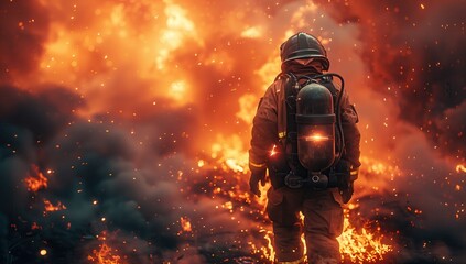 Firefighter Entering Inferno with Protective Gear. Firefighter in full protective gear enters an inferno, demonstrating the peril and dedication involved in firefighting.