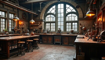 Vintage Workshop Interior with Industrial Lighting and Machinery.