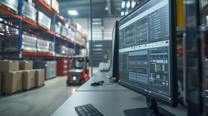 Naklejka premium Logistics Control Room with Monitors and Data Displays. Monitors in a logistics control room displaying data and managing warehouse operations, highlighting technological advancements in logistics.