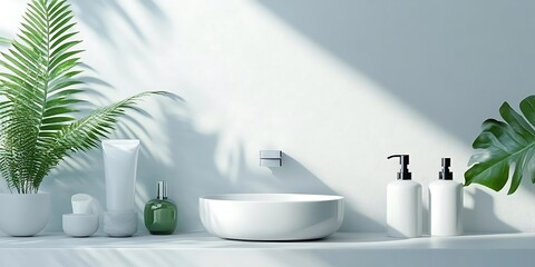 Fototapeta premium White Bathroom Sink with Green Plants and Bottles - 3D Illustration