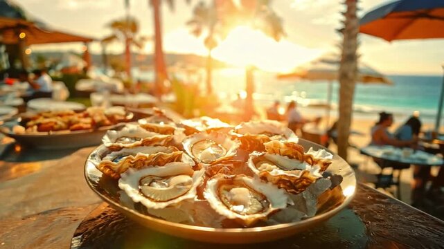 A plate of fresh oysters sits on ice at a bustling beachside restaurant as the sun sets, casting a warm glow over diners and the ocean.