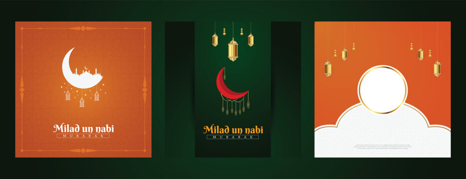 Eid, e, Milad, un-Nabi, wishes or greeting social media feed template three post or banner design with moon, lantern, sale, Vector illustration