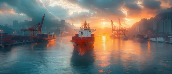 Cargo Ship Navigating Through Industrial Port. Cargo ship navigating through an industrial port at sunrise, highlighting the scale and complexity of shipping logistics.