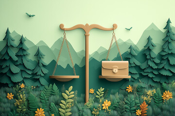 Scales balancing briefcase and nature, symbolizing work-life balance