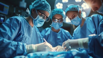 Surgeons Conducting Intensive Surgical Procedure. Team of surgeons, including a female doctor, conducting an intensive surgical procedure under bright lights in the operating room.