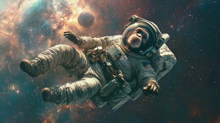 An astronaut monkey drifts weightlessly in outer space with a breathtaking view of distant planets and nebulae The image showcases the monkey in a space suit adding an element of fun and imagination