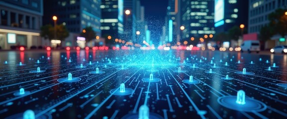 Obraz premium Futuristic Cityscape with Glowing Circuit Board.