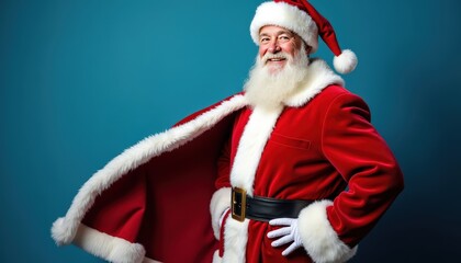 Santa Claus in Red Suit on a Teal Background.