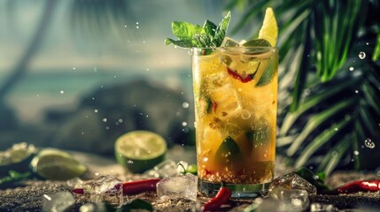 Refreshing cocktail with lime and mint served in a tropical setting, garnished with herbs and red chili for a unique twist.