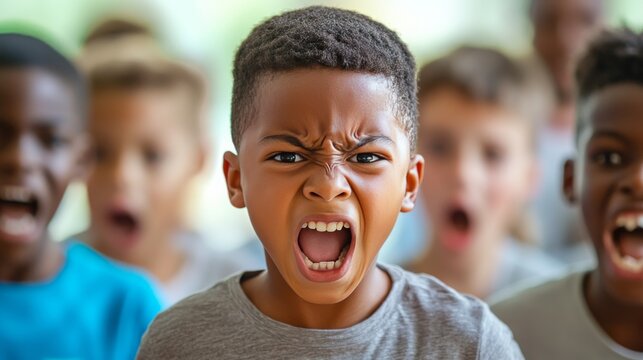 Angry Young Black Students in School Looking and Shouting at the Camera