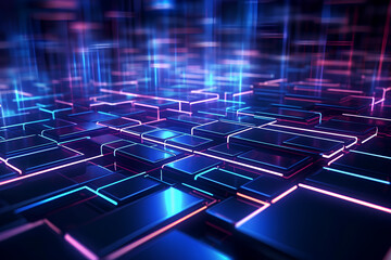 3d technology digital background. Abstract neon cyber lines and grid on color futuristic backdrop. Data, network, science, internet concept. High quality photo