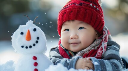 A Young Child in a Red Hat Smiles at a Snowman
