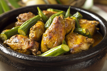 Traditional Brazilian Chicken with Okra Stew (Frango com Quiabo) in Black Clay Pot