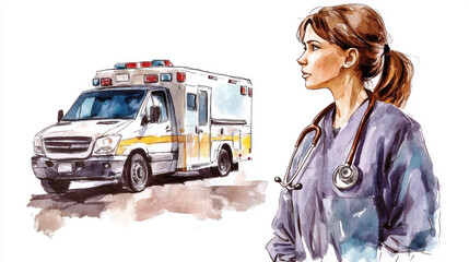 Brown watercolor of a nurse and ambulance rescue emergency patient