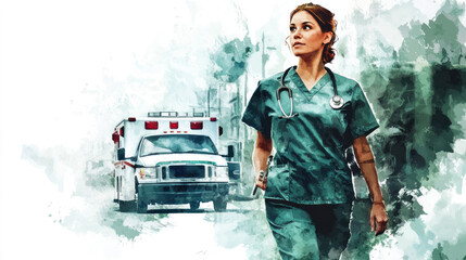 Green watercolor of a nurse and ambulance rescue emergency patient