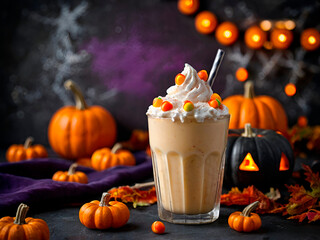A ghostly pumpkin spice milkshake topped with pumpkin candies, against a blurry Halloween theme background.