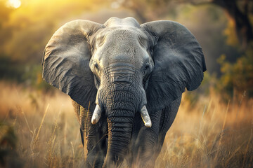 Naklejka premium Majestic elephant in golden savannah, captured in stunning detail with an intense gaze, highlighting the beauty and strength of wildlife. Animals.
