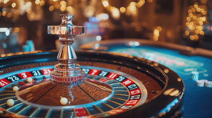 A close-up shot of the roulette wheel spinning in an elegant casino, with colorful numbers and chips scattered around it.