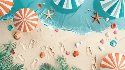 Fototapeta premium Summer Beach Scene with Palm Leaves and Footprints
