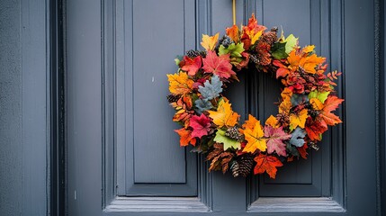 A beautiful autumn wreath made of colorful leaves, pinecones, and twigs, perfect for welcoming the fall season.