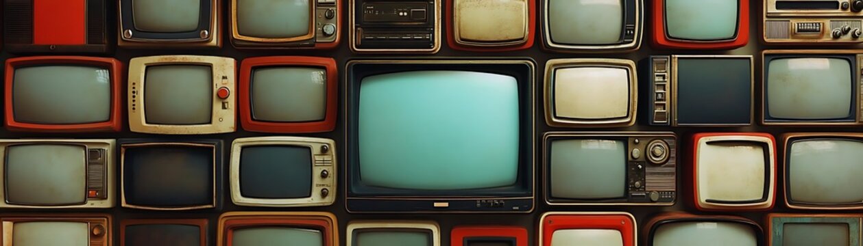 Vintage Televisions Wall, Old Televisions, Retro TV Screens, 3D Illustration
