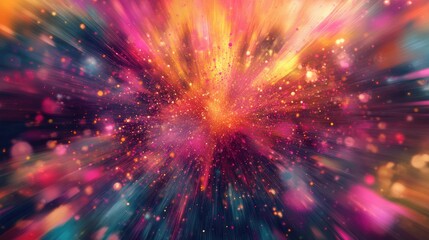 Obraz premium 3D background with a burst of colorful particles and shapes, radiating from the center, ideal for energetic themes. -