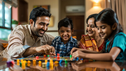 Fototapeta premium Indian family playing traditional board games at home, happy and engaged in quality family time