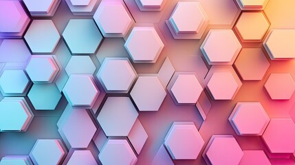 Abstract 3D hexagon pattern with gradient colors and soft shadows, creating a dynamic and modern design.