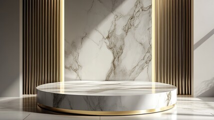Elegant 3D podium with a marble finish and gold accents, set against a minimalist background.